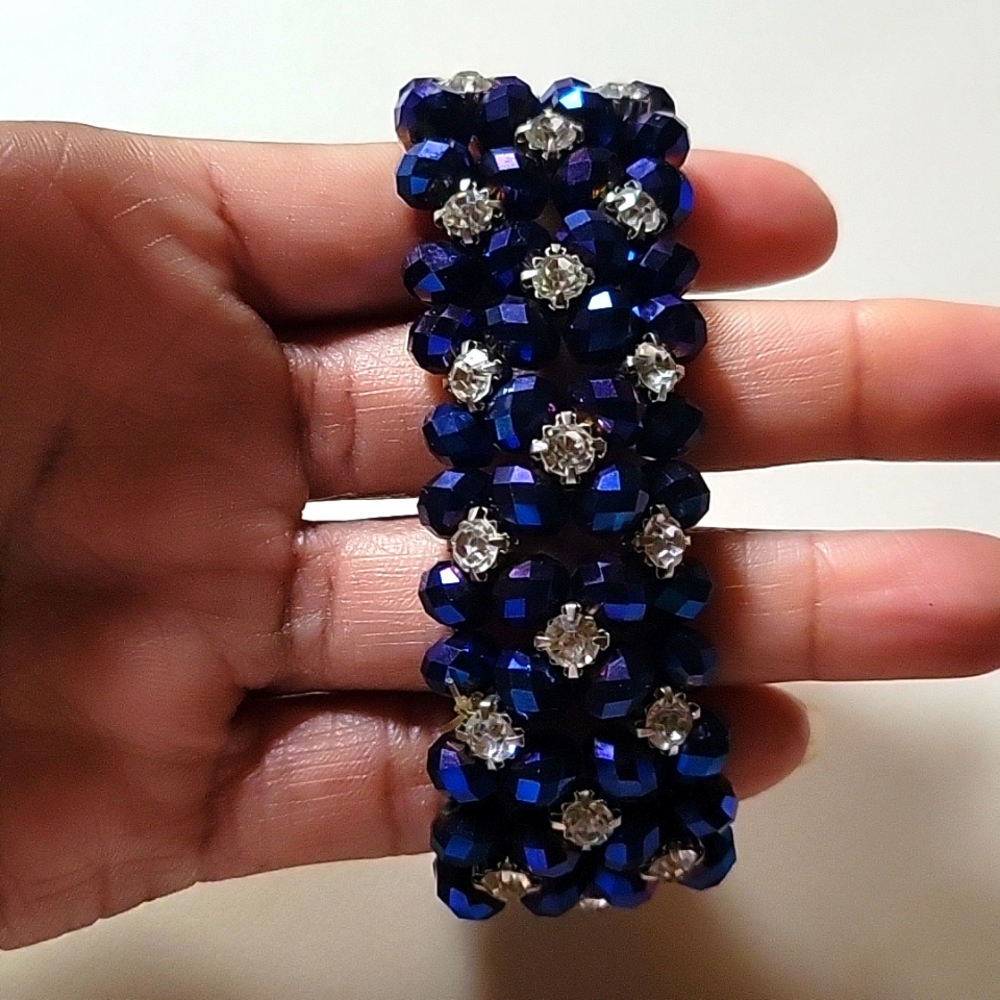 ROYAL BLUE EUC BEADS & RHINESTONE STRETCH BRACELET